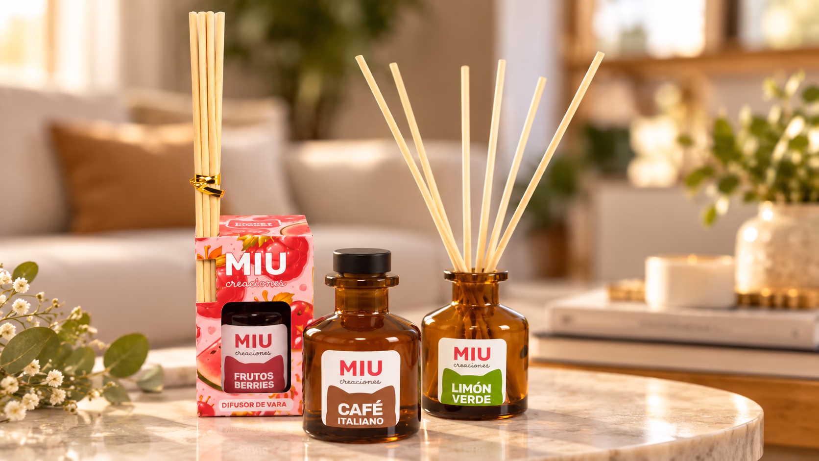 Difusores de varitas Miu Creaciones en un ambiente de hogar